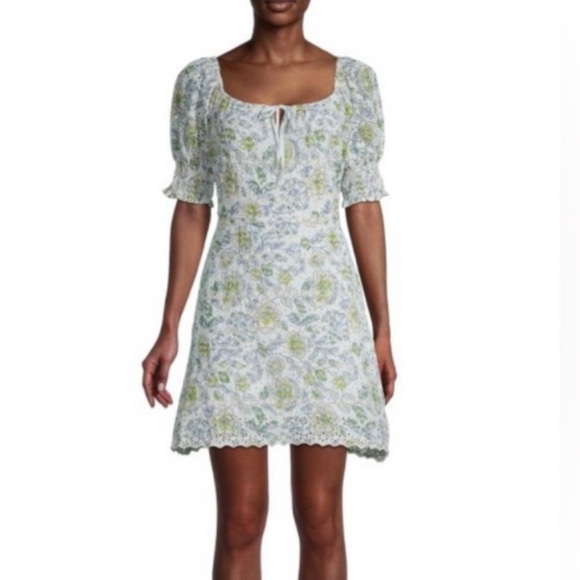 Avec Les Filles Floral Eyelet Puff Sleeve Mini Dress Size Medium Blue Green - Picture 3 of 10
